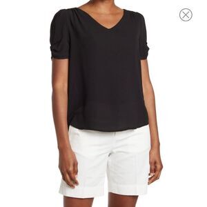Adrianna Papell Black Solid V-Neck Ruched Sleeve Pebble Crepe Top Size Medium